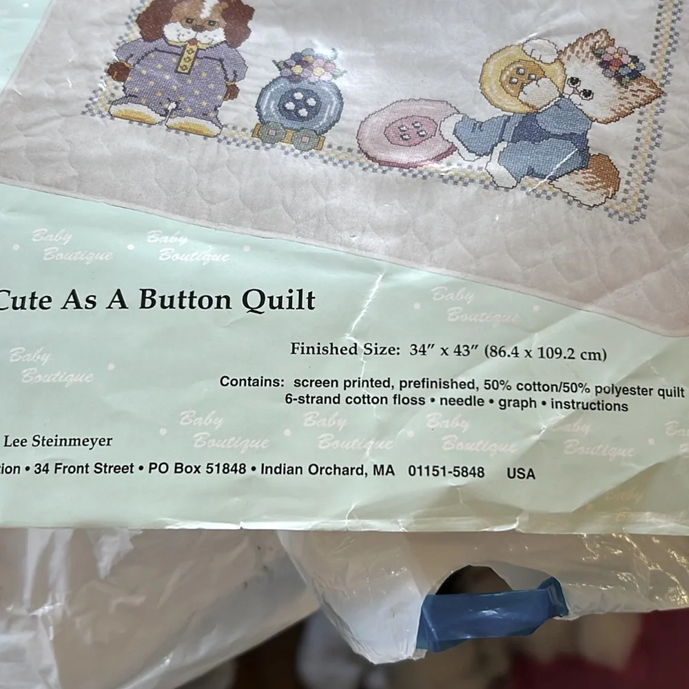 NIP Complete Baby Quilt Kit Cute As A Button + NIP Birth Record Kit Cross Stitch
